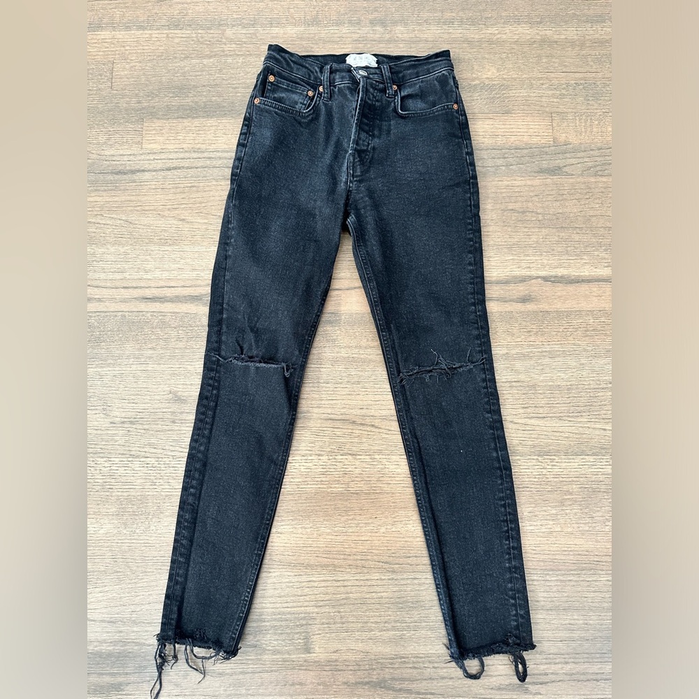 Free People We The Free Distressed Button Fly Denim Black Jeans-Size 26